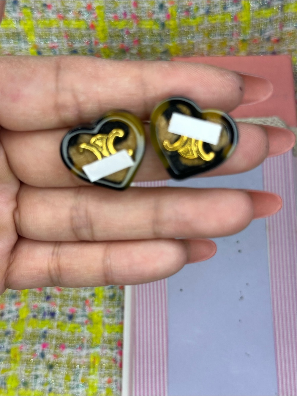 A great Heart-Shaped Black and Gold Accent Stud Earrings
